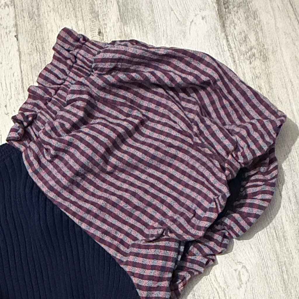 Maeve Navy Ribbed Knit Puff Gingham Mini Dress Size Medium - Image 9