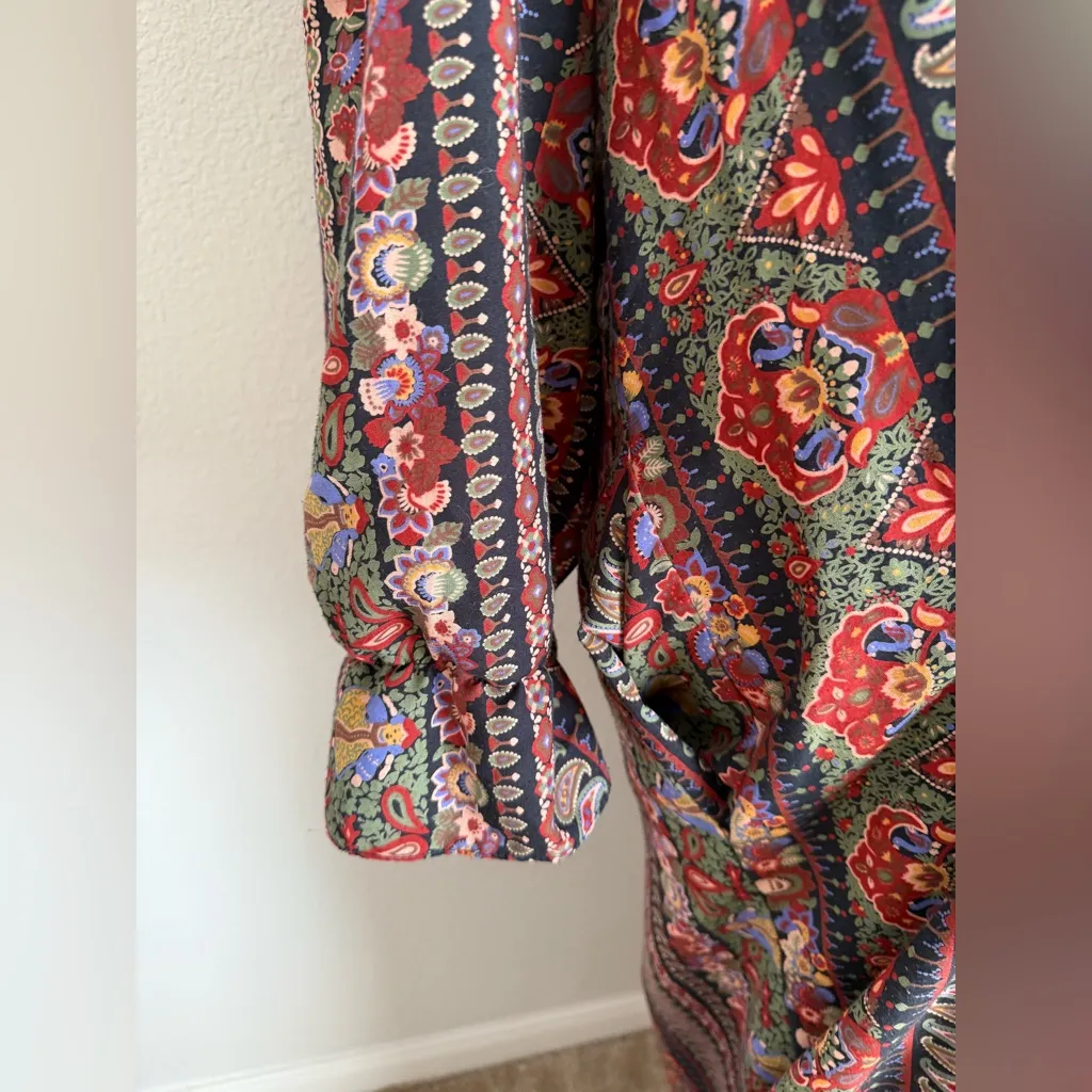 Vintage 1970s Made in USA Circa 2000 Paisley House Dress, Pockets, Size Large Black - Image 3