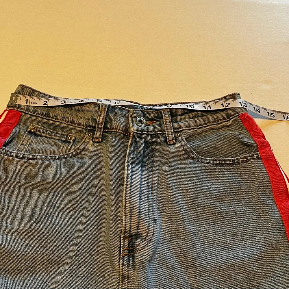 ZARA Authentic Denim TRF Womens Size Small Blue Denim Jean Skirt Red Stripe Mini - Image 7