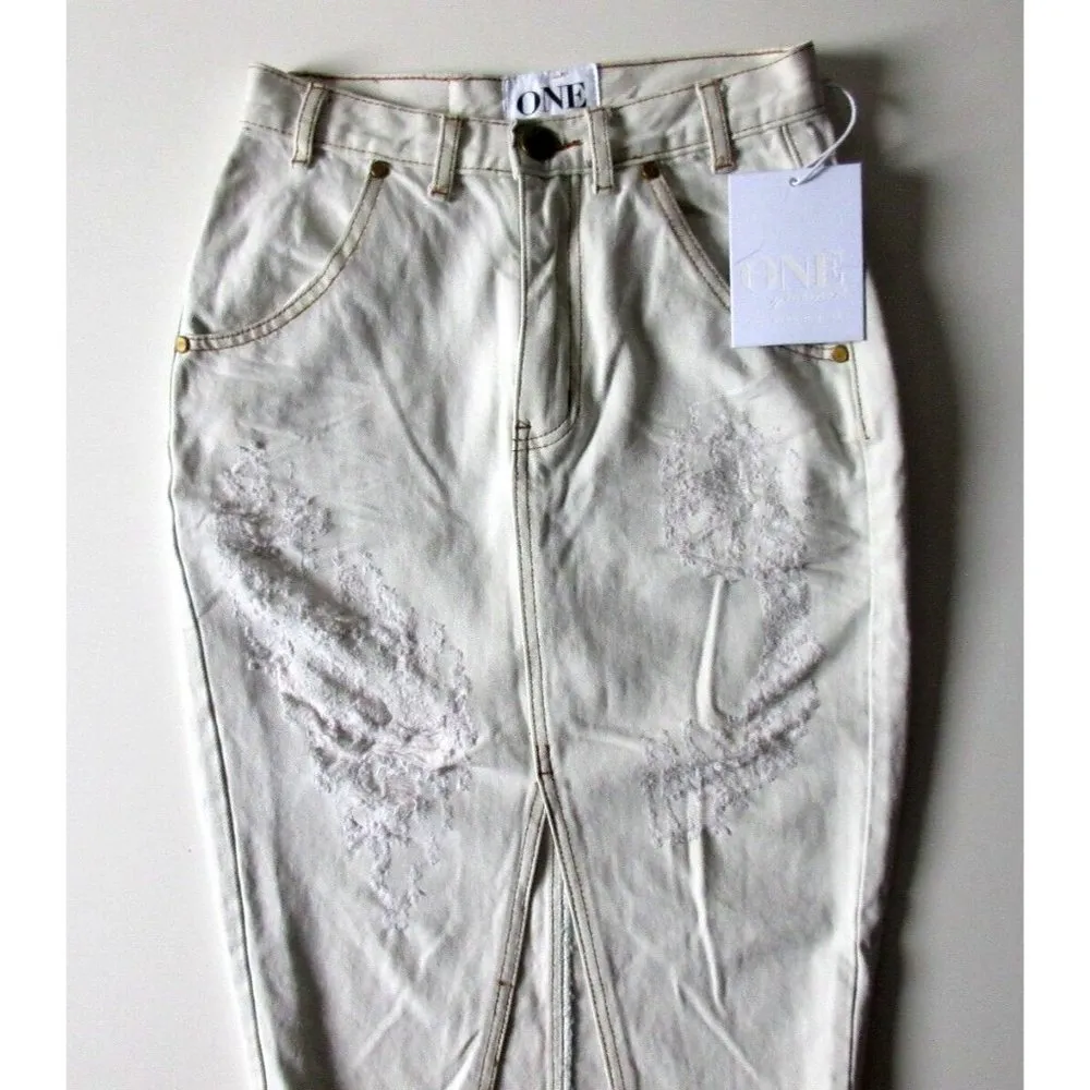 NWT ONE by One Teaspoon Cadillac in Fleetwood Destroyed Denim Pencil Skirt 25 - Image 2