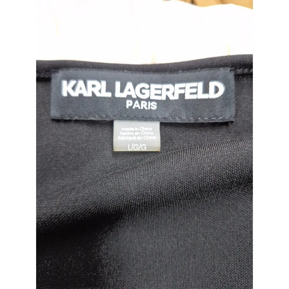 NWT $158. KARL LAGERFELD PARIS pleated skirt dress Blk/Tan/Cream Sz L Black Size L - Image 3