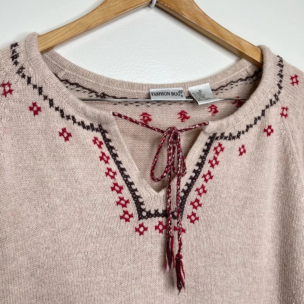 Vintage Fashion Bug Wool Blend Sweater Women’s XL Tie Neck Boho Beige - Image 2