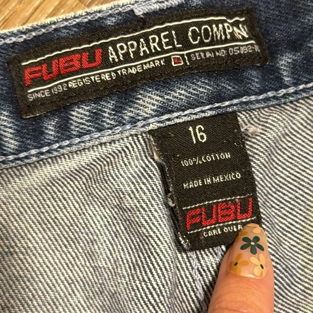 Vtg fubu 90s carpenter baggy cargo style denim jeans size 16 28” across - Image 11