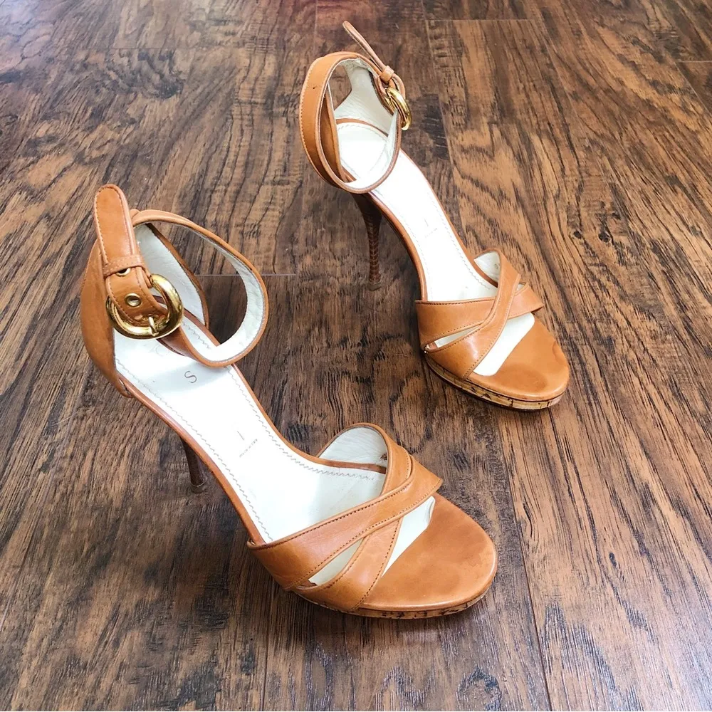 CASADEI • platform stiletto sandals heels cognac brown leather cross ankle strap - Image 13