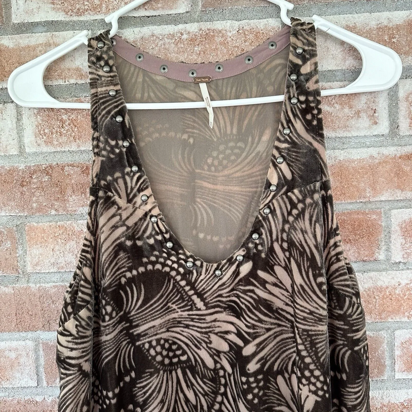 Free People Ellie Mini Dress Velvet Brown Studded XS Witchy Indie Artsy 90s Boho - Image 3