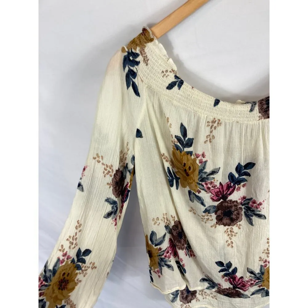 O'Neill Floral Off Shoulder Crinkle Top Ivory White Size Small - Image 5