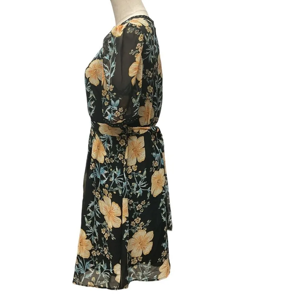Hayden LA Women's Floral Print Midi Dress Black Yellow Short Sleeve Size L‎ NWT - Image 4