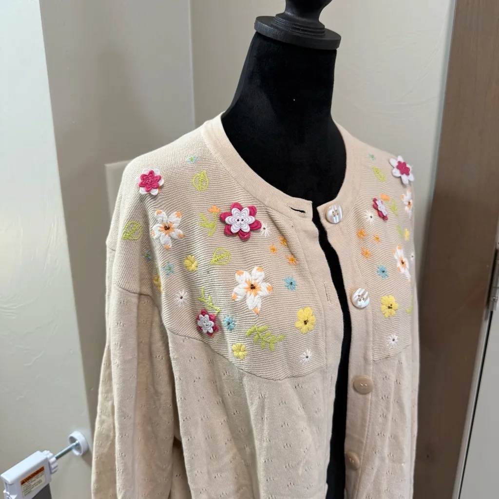 Vintage Breckenridge Button Front Sweater Cardigan Tan Floral EmbroideryY2K - Image 4