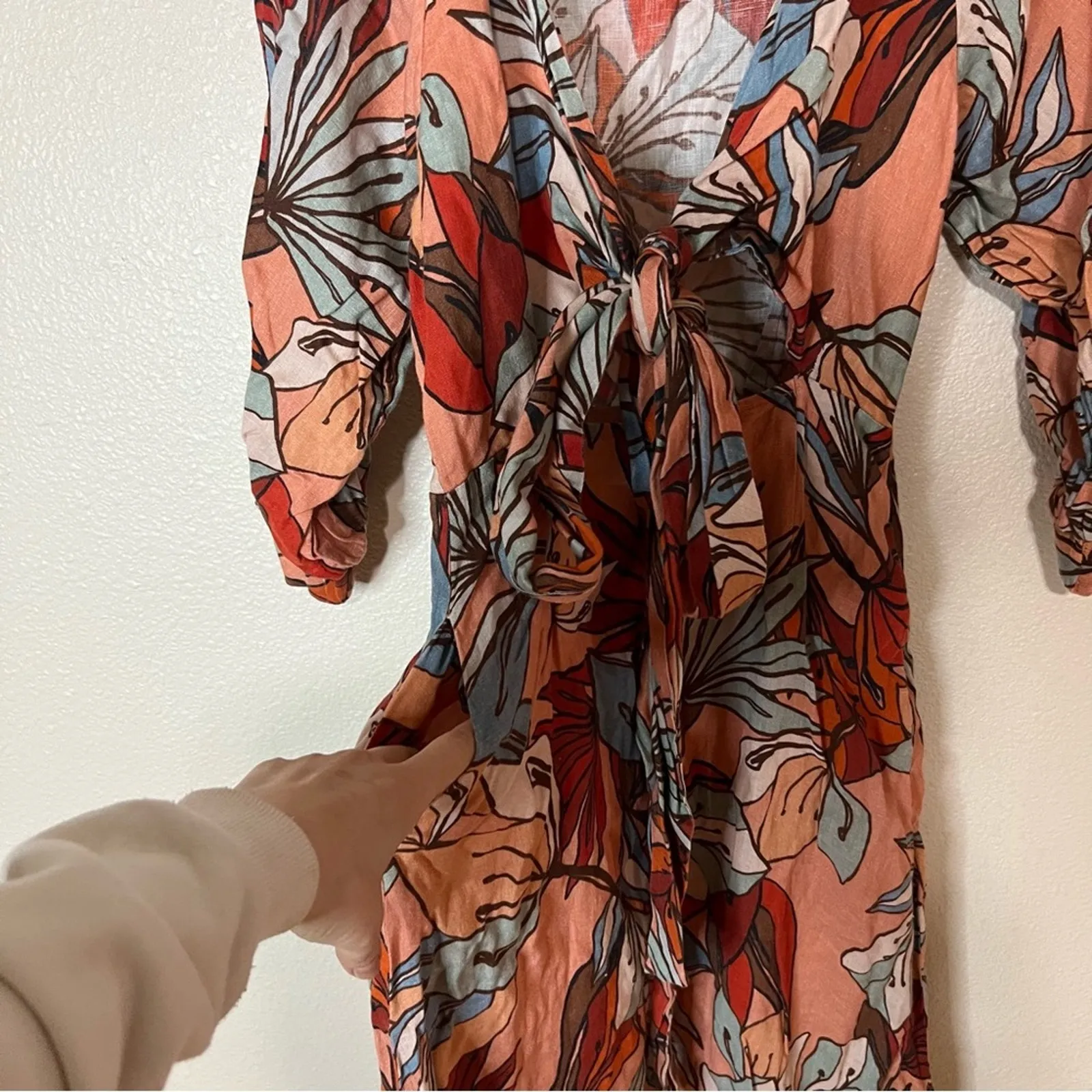 Nicholas Asilah floral linen long sleeve cutout tie midi dress 0 Pink - Image 6