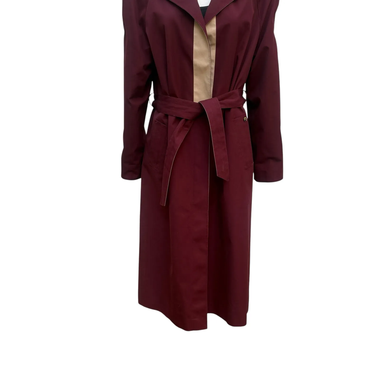 VTG Etienne Aigner Reversible Trench Coat 10P Beige Red Tie Waist Long Length - Image 8