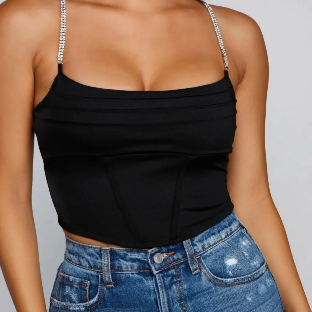 Windsor Gleam And Glow Rhinestone Bustier Top Women’s Small Black Cropped Satin - Image 3