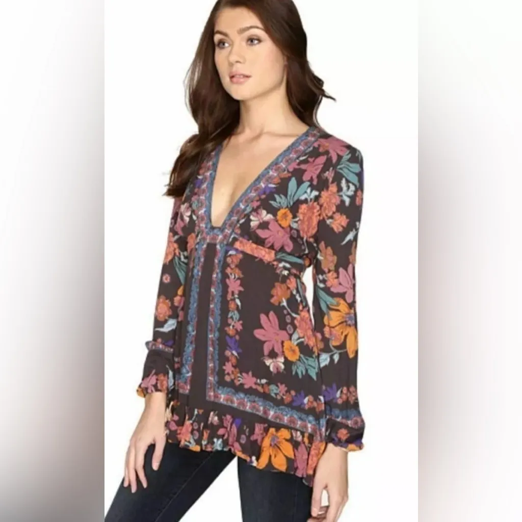 Free People Violet Hill Floral Long Sleeve Mini Dress or Tunic Top Size 2 - Image 2