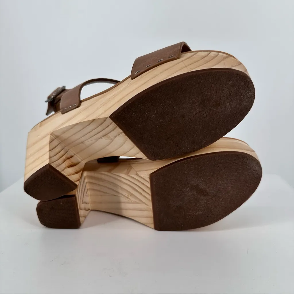 Nisolo All Day Open Toe Clog size 8 in Almond Leather Wood Bohemian Boho Heeled Tan - Image 9