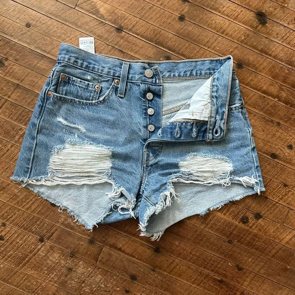 Levi 501 distressed button up cutoff W26 denim cutoff shorts Blue Size 26 - Image 3