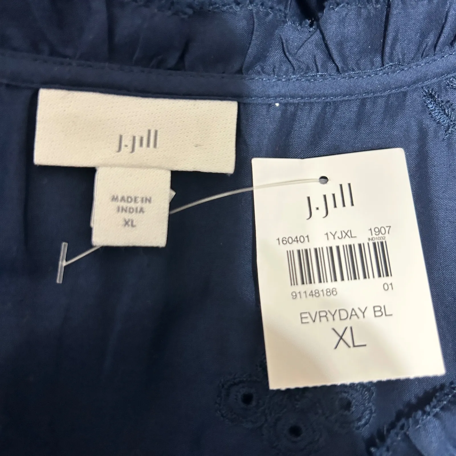 J Jill Women Tunic Top XL Navy Embroidered Eyelet Peasant Cottagecore Indie Boho - Image 3