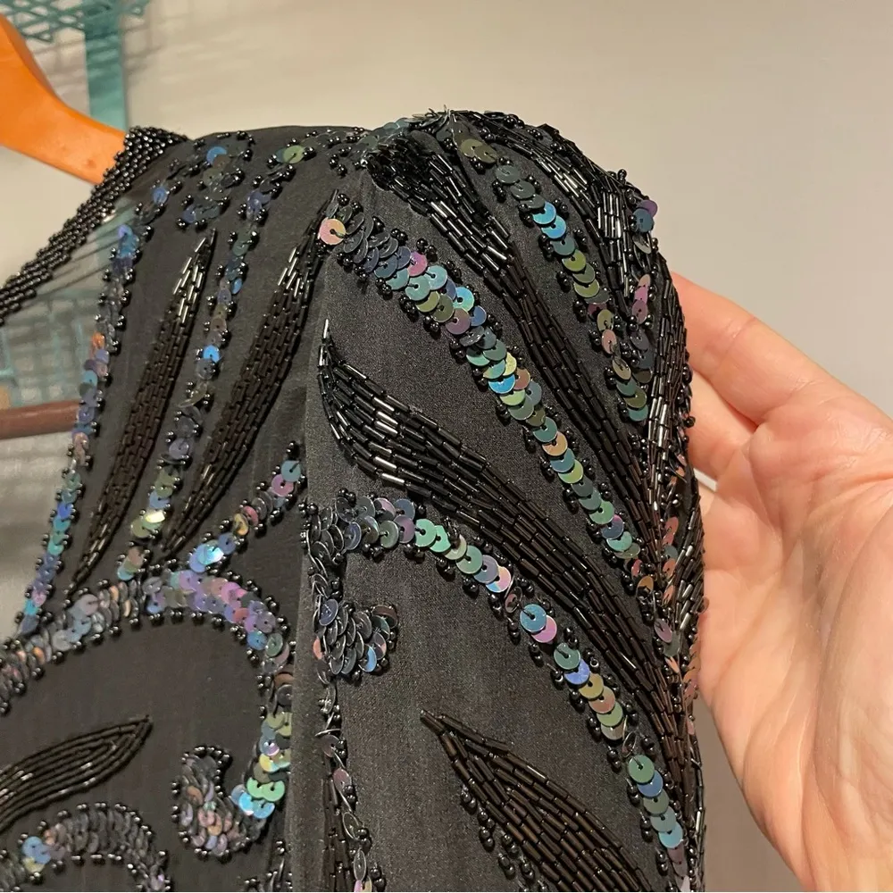 Stunning vintage 80’s silk beaded sequin mesh black mermaid gown luxury glamour Size 8 - Image 14