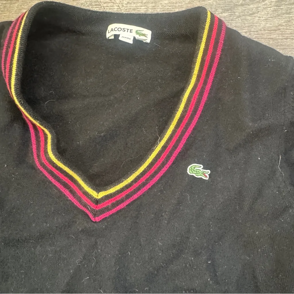 Lacoste V-Neck Black Wool Preppy Varsity Sweater Size 40 - Image 5