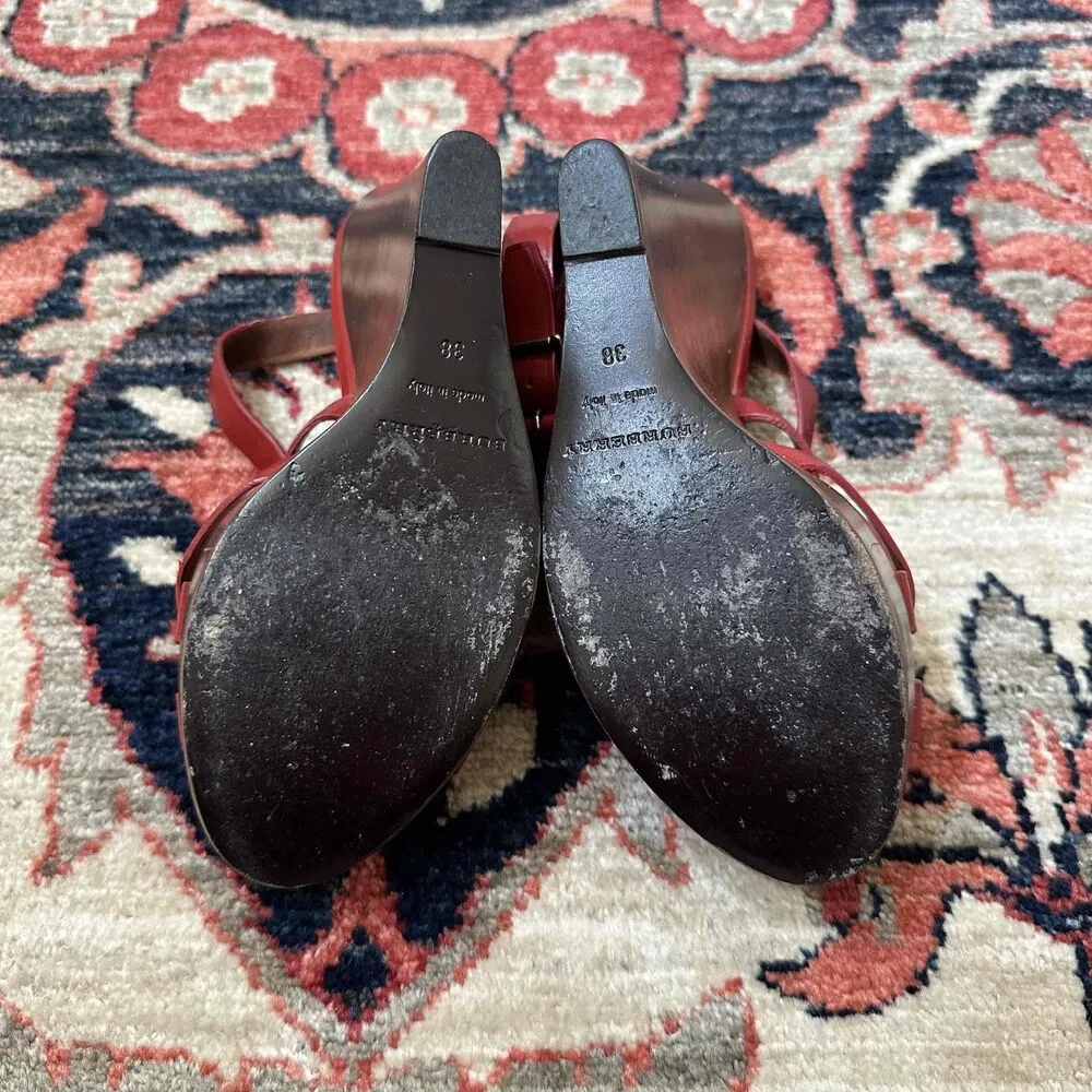 Burberry Red Leather Open Toe Ankle Strap Wedge Sandals - Image 10