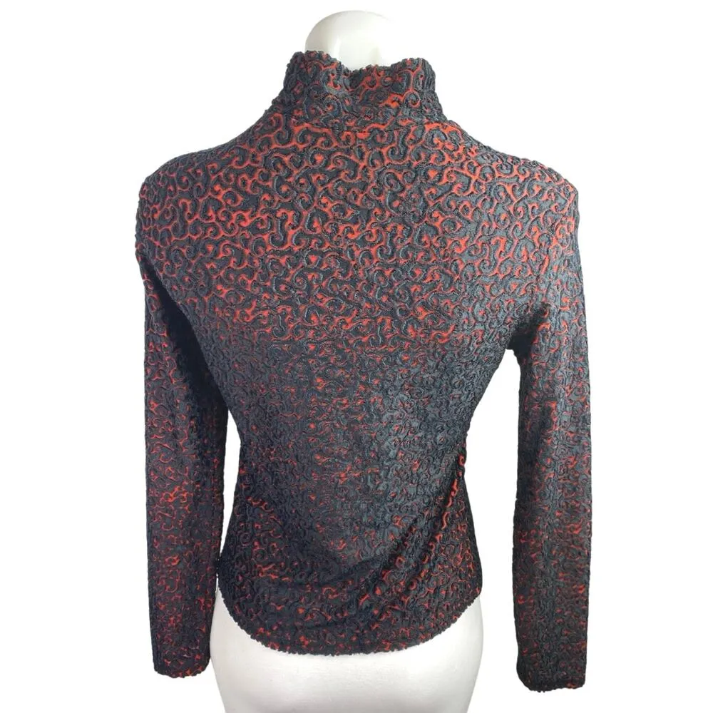 Women's Black Orange Textured Jaquard Turtleneck long Sleeve Sweater Top Size S - Image 2