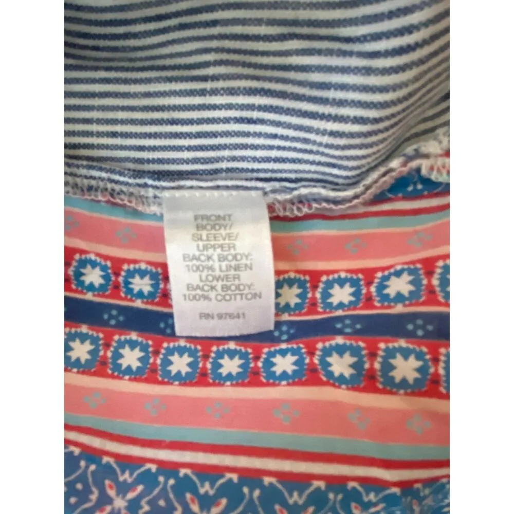 J Jill Linen Blue White Striped Short Cap Sleeve Button Down Floral Back Top LP Size undefined - Image 12
