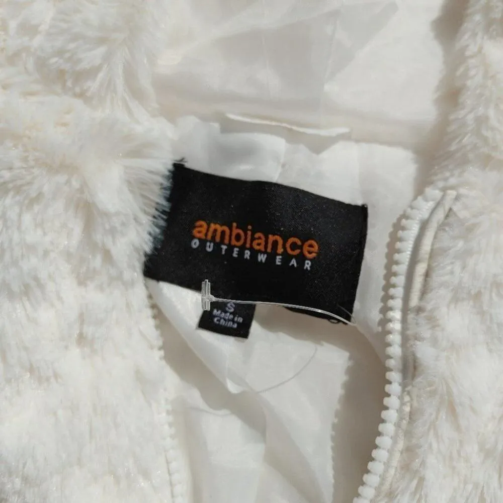 Ambiance Outerwear Size Small S White Faux Fur Cropped Zipper Jacket Hoodie - Image 6