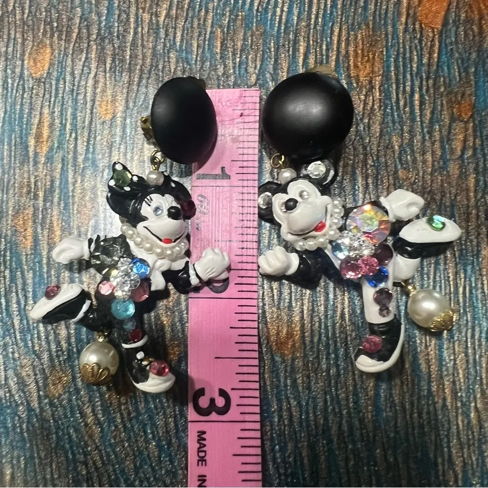 VTG Wendy Gell Mickey and Minnie mouse Whimsical crystal clip On Earrings - Image 6