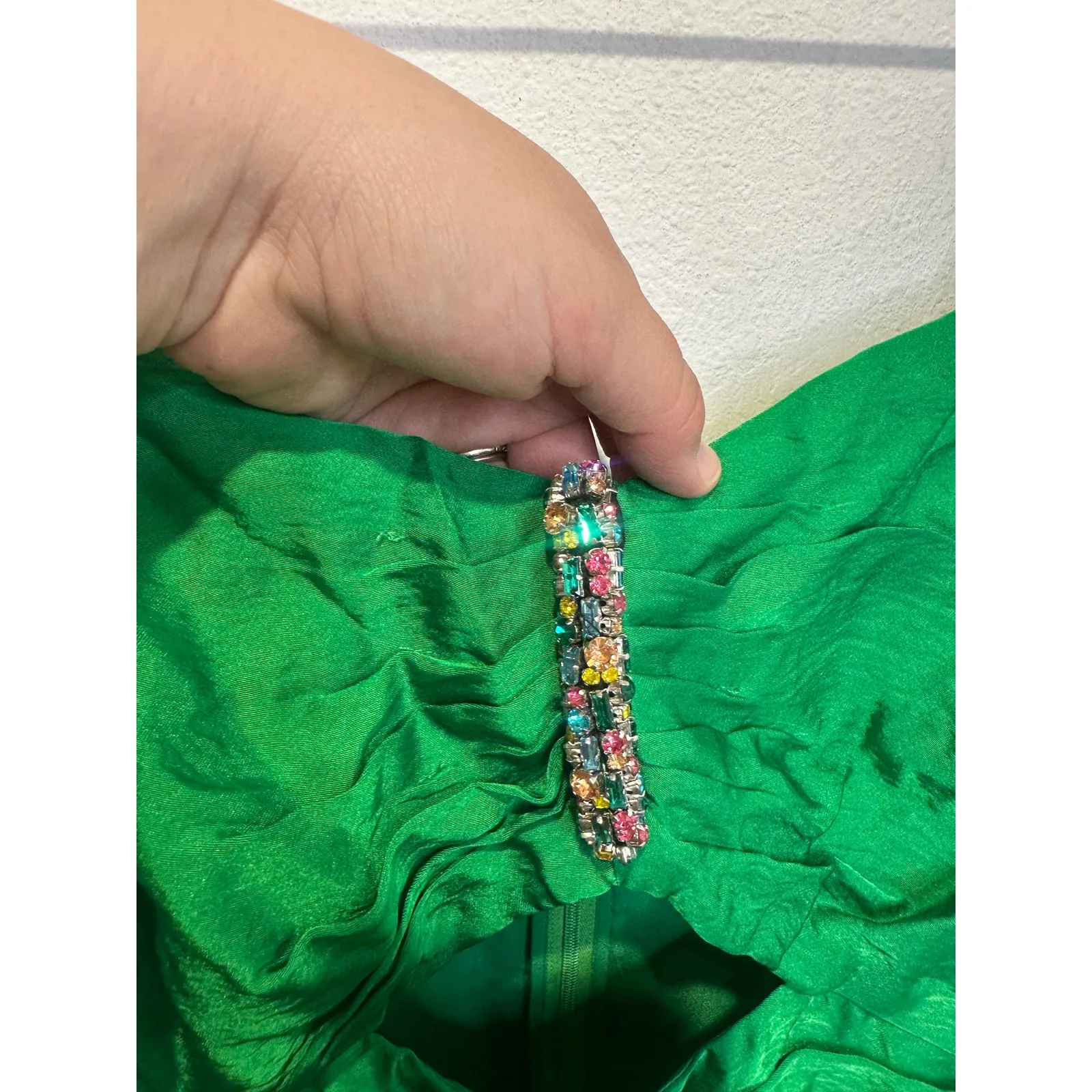 SANDRO Green Jewel Embellished Rhinestone Middle Cutout Puff Sleeve Dress sz 40 - Image 12