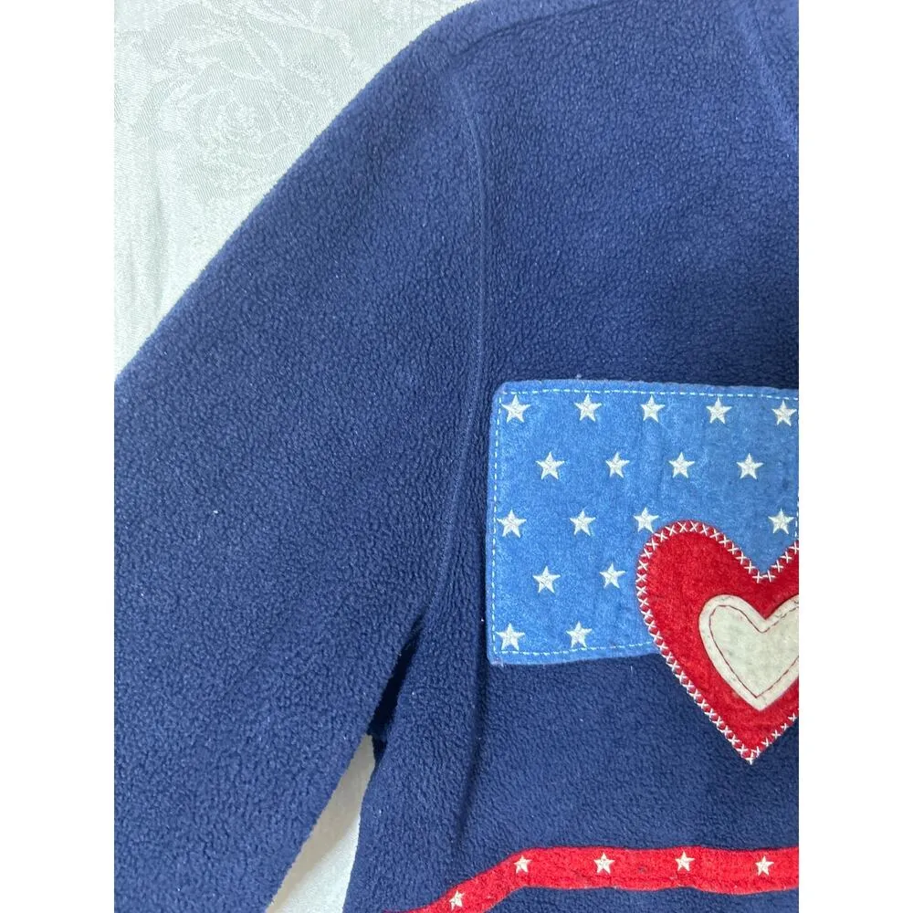 Vintage Fashion Bug Fleece Cardigan XL Navy Blue Patchwork Hearts Stars Flags - Image 10