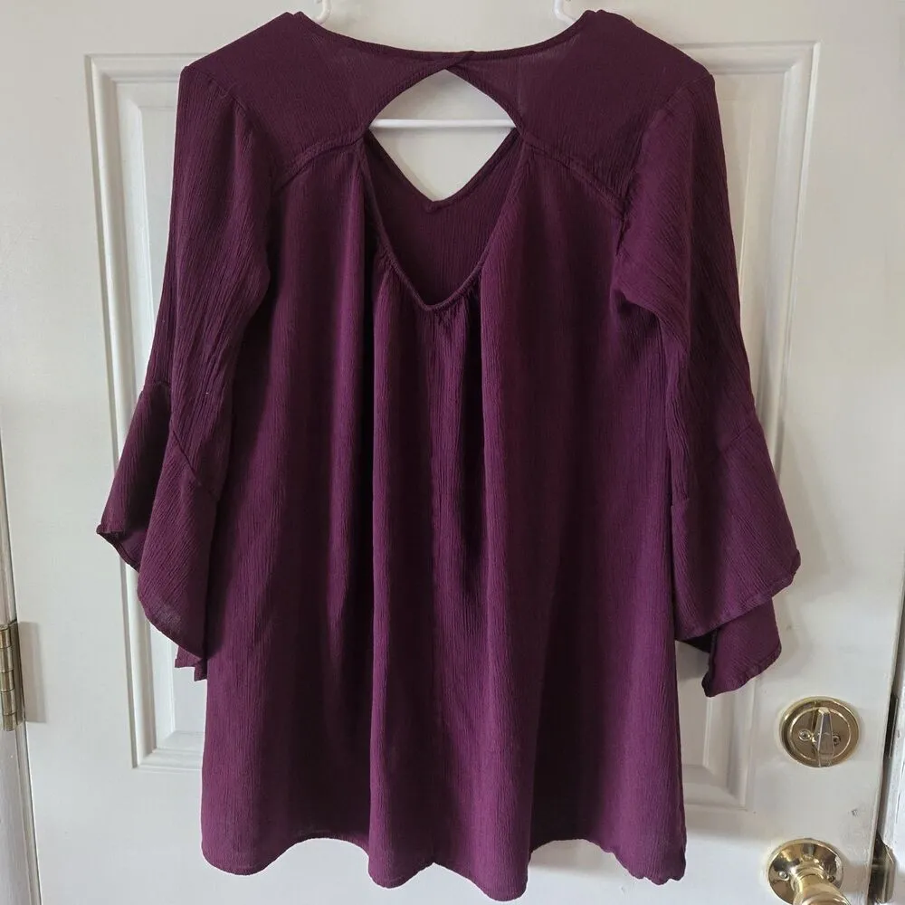 LUSH Women's Top Blouse Size Small Purple Bell Sleeves Crinkle Fabric Boho Chic - Image 2