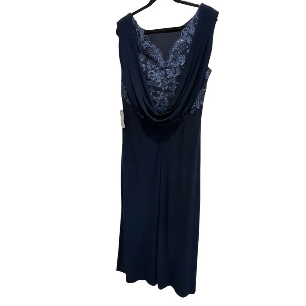 Alex Evenings Empire Lace Gown Navy Size 16 Maxi Evening Dress Drape Back NWT‎ - Image 5