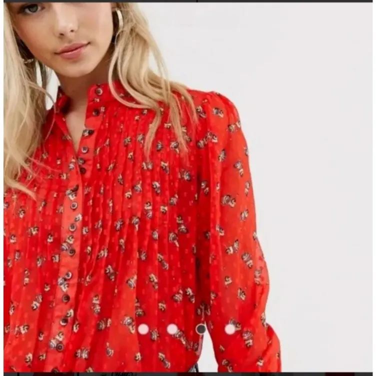 Free People Flowers In December Blouse Top‎ Women's S Red boho Cottagecore sheer - Image 9