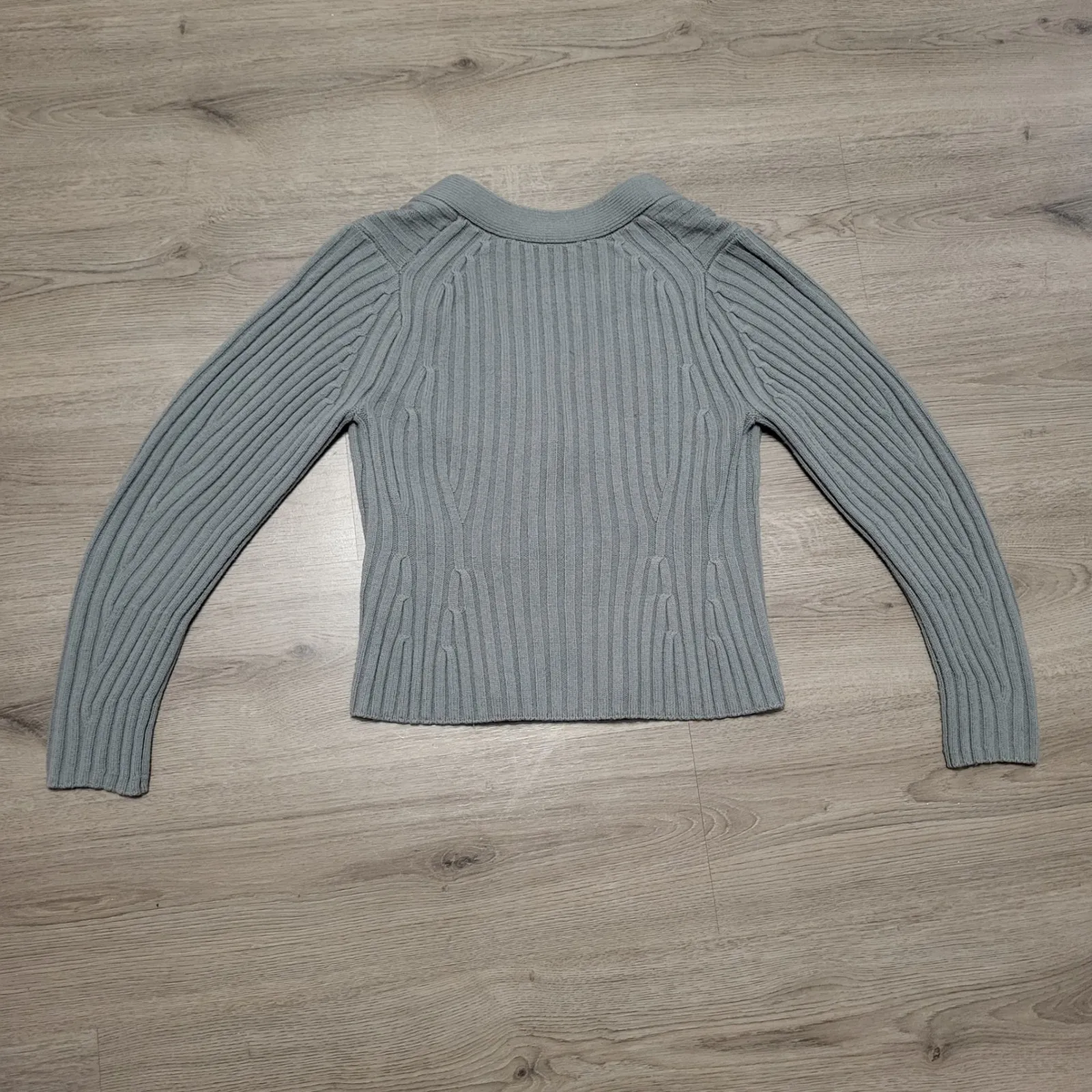 Vince Ribbed Knit Cardigan Sweater Poet Sleeve V Neck Button Merino Wool Gray S - Image 7