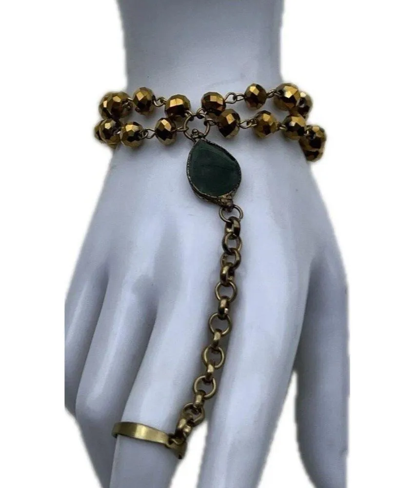 Vintage Green resin earrings bronze resin earrings matching bracelet Sz 7" Glass Gold - Image 3