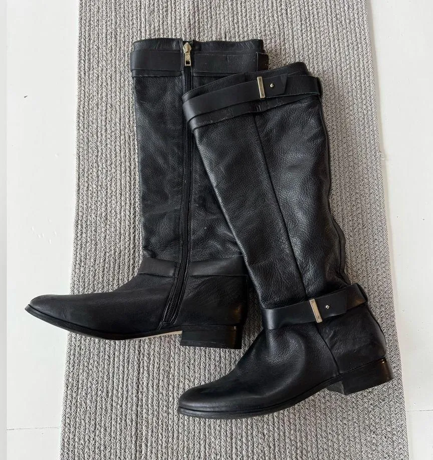 Ann Taylor Black Pebbled Leather Low Heel Tall Riding Boots Goldtone Buckles 6.5 - Image 5