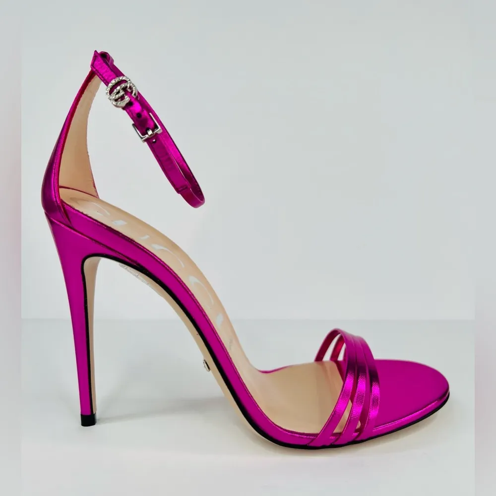 Gucci Pink Metallic Leather Ankle Strap GG Crystal Logo Heel Sandals Sze EU 39 - Image 3
