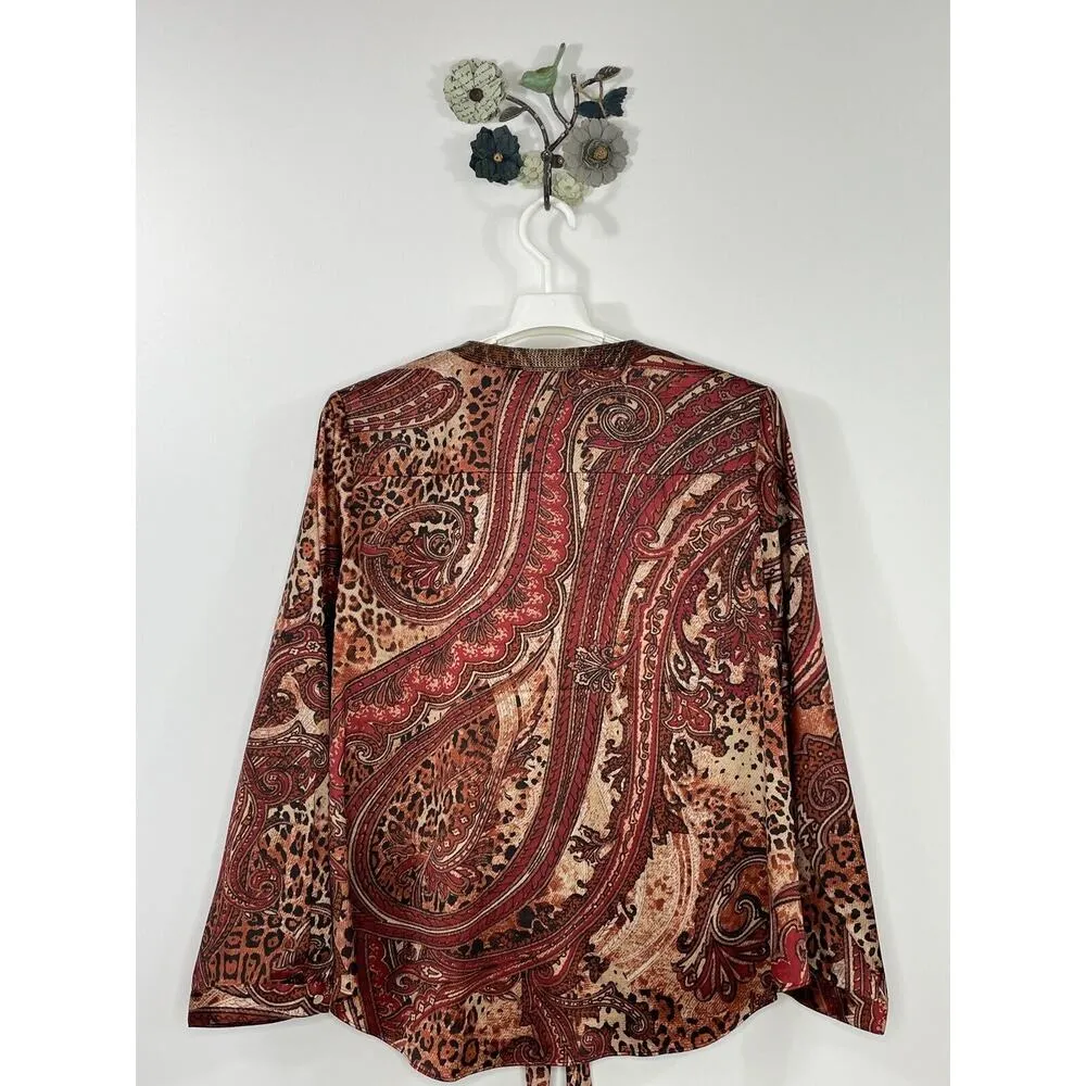 CHICOS Paisley Satin Sequin Neck Blouse Size 2 US 12 Tie Hem Blouse Top Dressy - Image 7