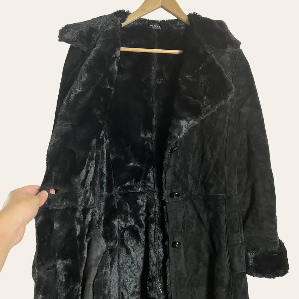 Vintage Marvin Richards Suede Leather Faux Black Long Shearling Coat Size M - Image 7