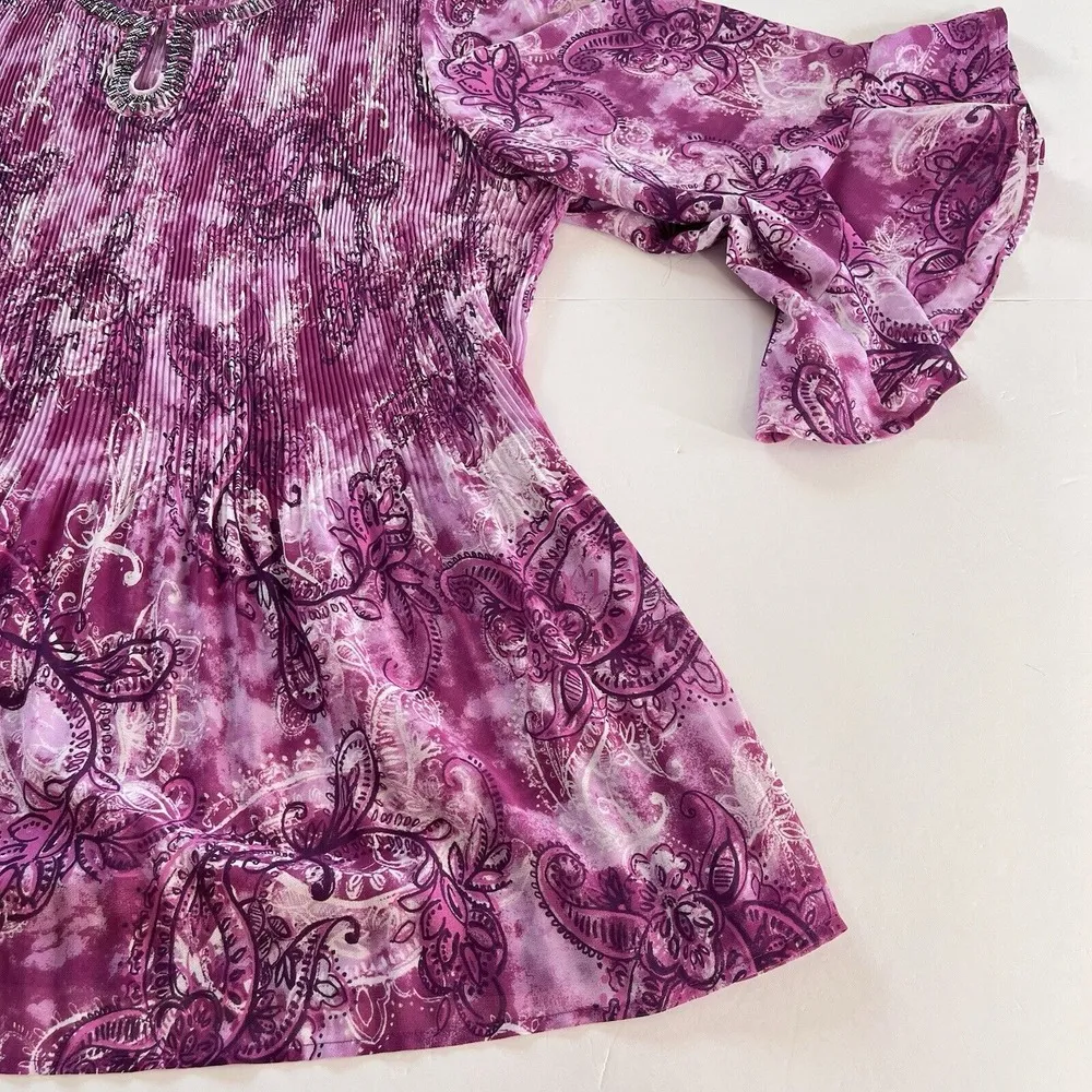 Catherines Pink Crinkle Pleated‎ Beaded Keyhole Neck Georgette Tunic Size 4X - Image 5