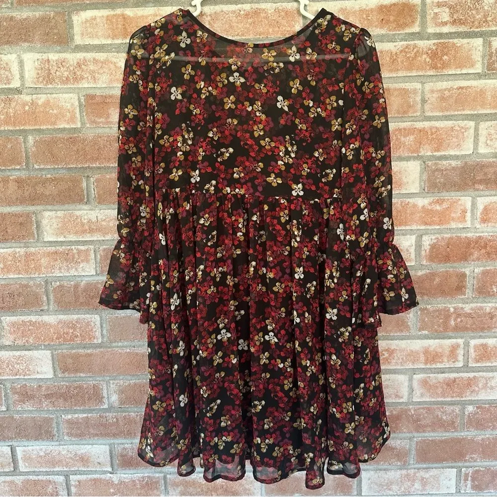 Free People Floral Babydoll Mini Dress Long Sleeve Women’s XS Black Red Boho - Image 9