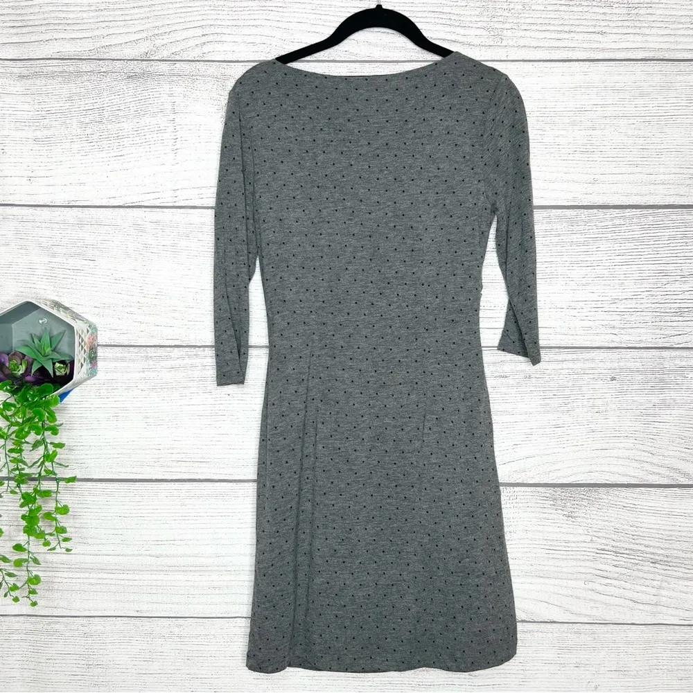 LOFT Gray & Black Polka Dot 3/4 Sleeve Cowl Neck Ruched Dress Size Small Petite - Image 6