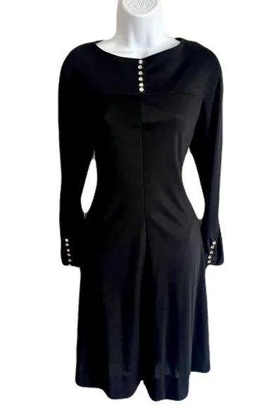 Vintage Mort Schrader Black Long Sleeve, Crystal Buttons Dress, Size 8 - Image 1