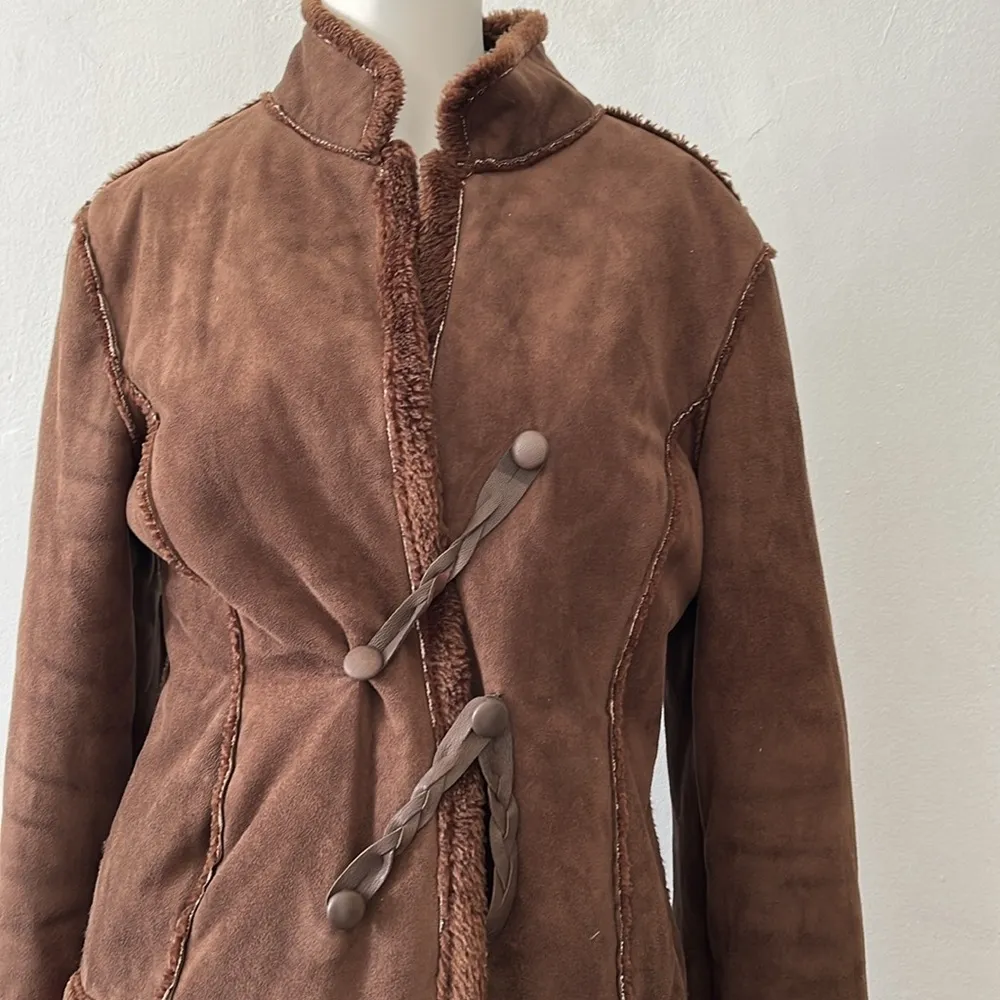 Anne Klein Brown italian leather shearling faux fur Sherpa Lined Jacket Size 4 - Image 11