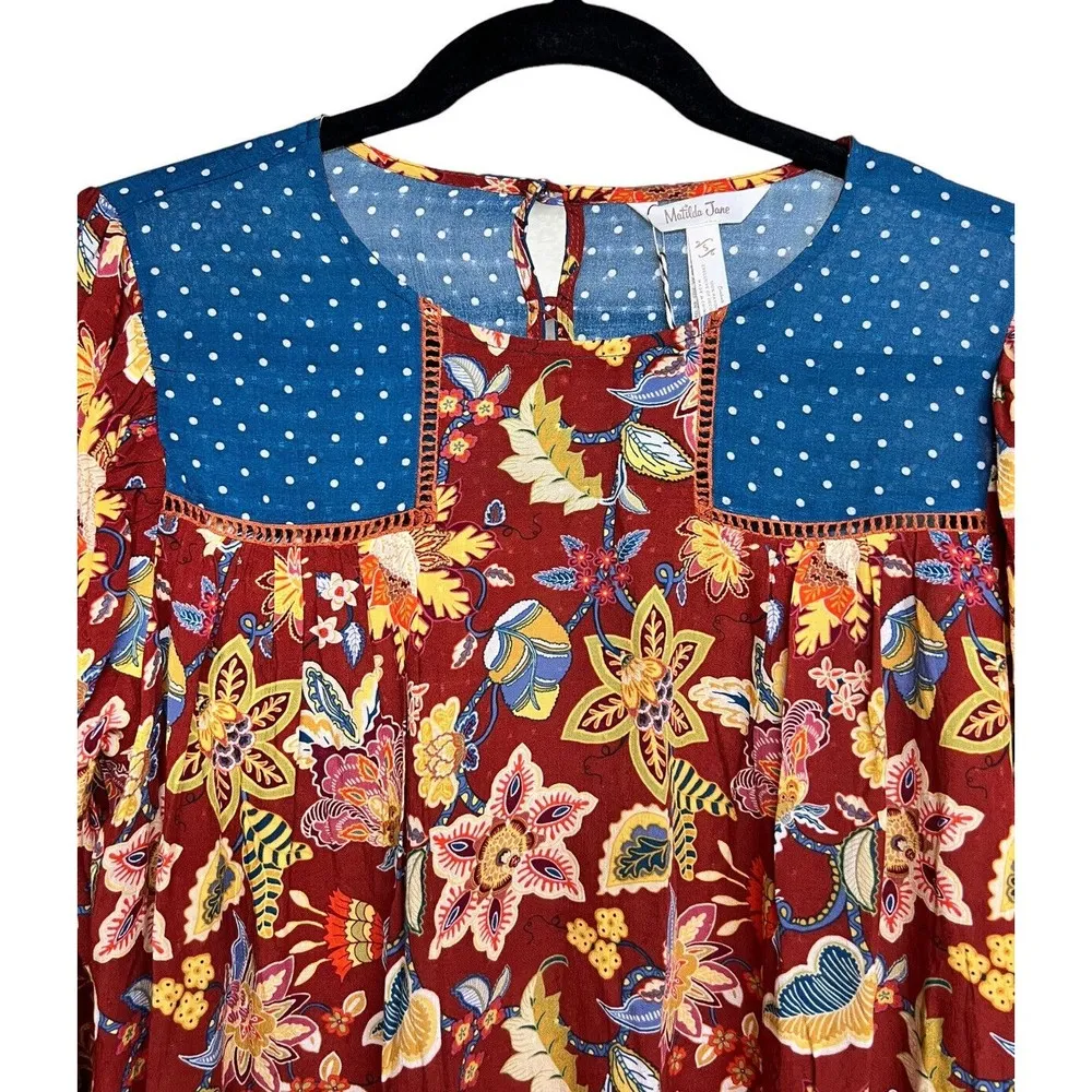 Matilda Jane Clothing Orange Red floral Garden Mums Top Women's Size Small - Image 3