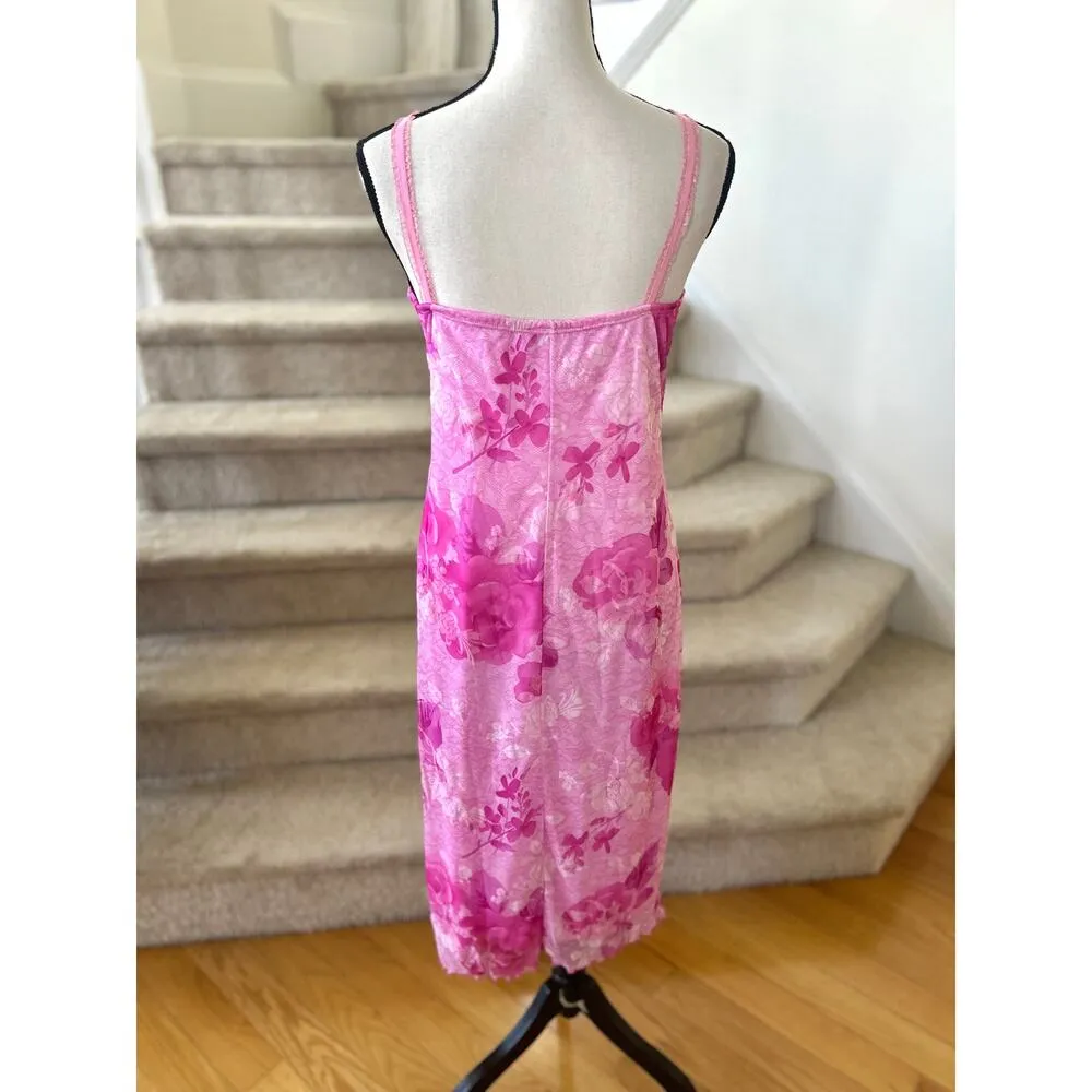 Vintage 90s Y2K Party Express Hot Pink Rose Floral Lettuce Hem Slip Dress - Image 3