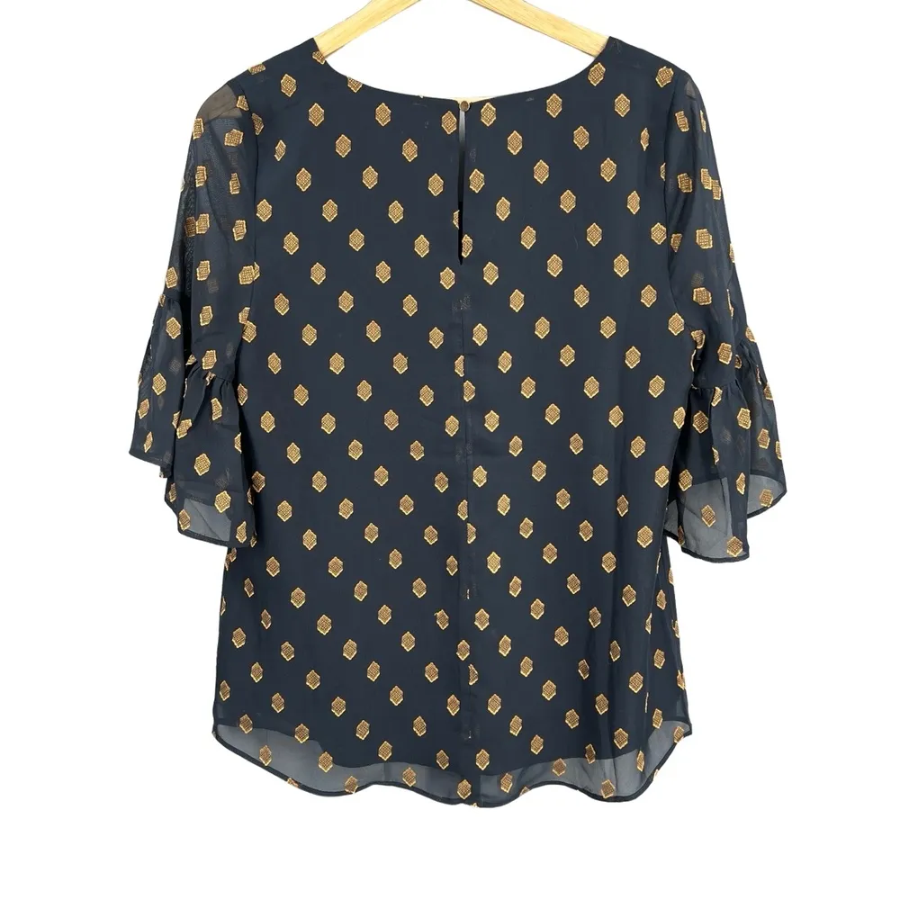 World Market Blouse Blue with Copper Pattern Flutter Sleeve S/M New - Image 3