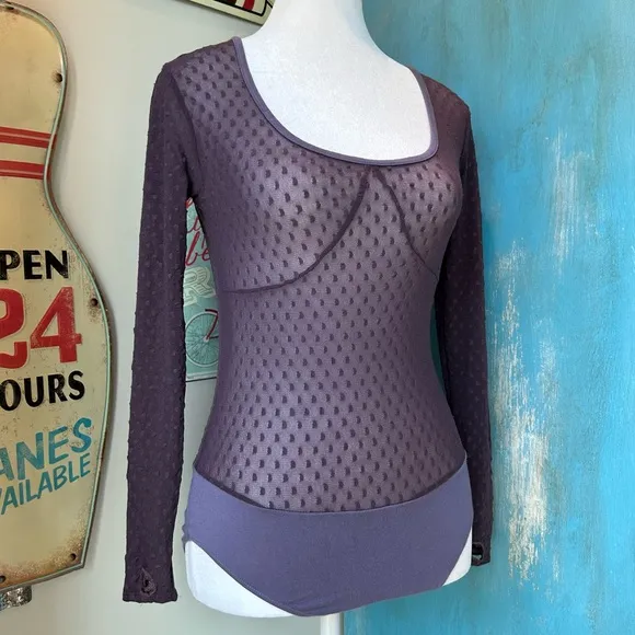 For Love And Lemons Purple Mesh Polka Dot Bodysuit - Image 2