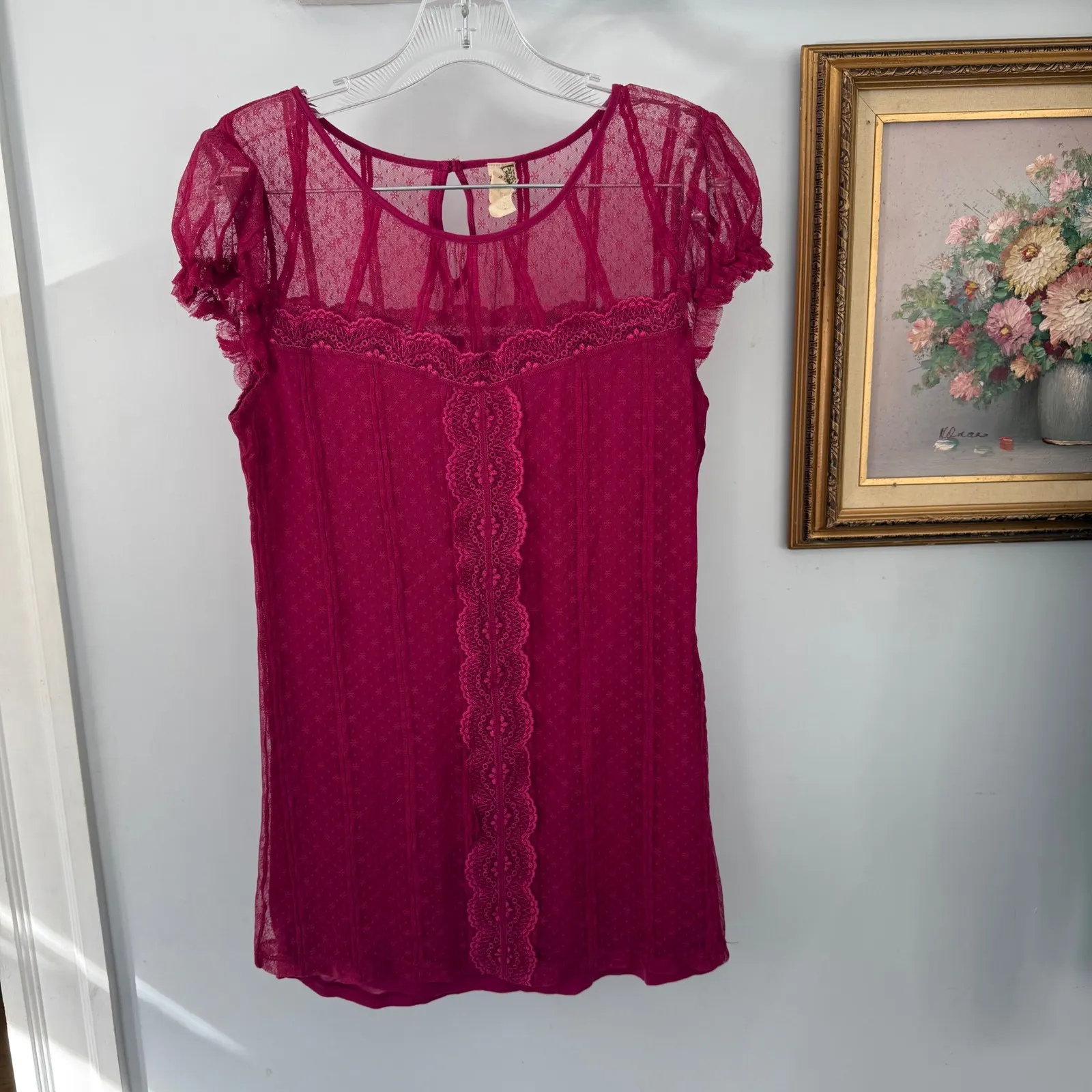 Free People Lace Babydoll Y2K Top Sheer Cap Sleeves  Boho‎ Coquette Chic Large - Image 2