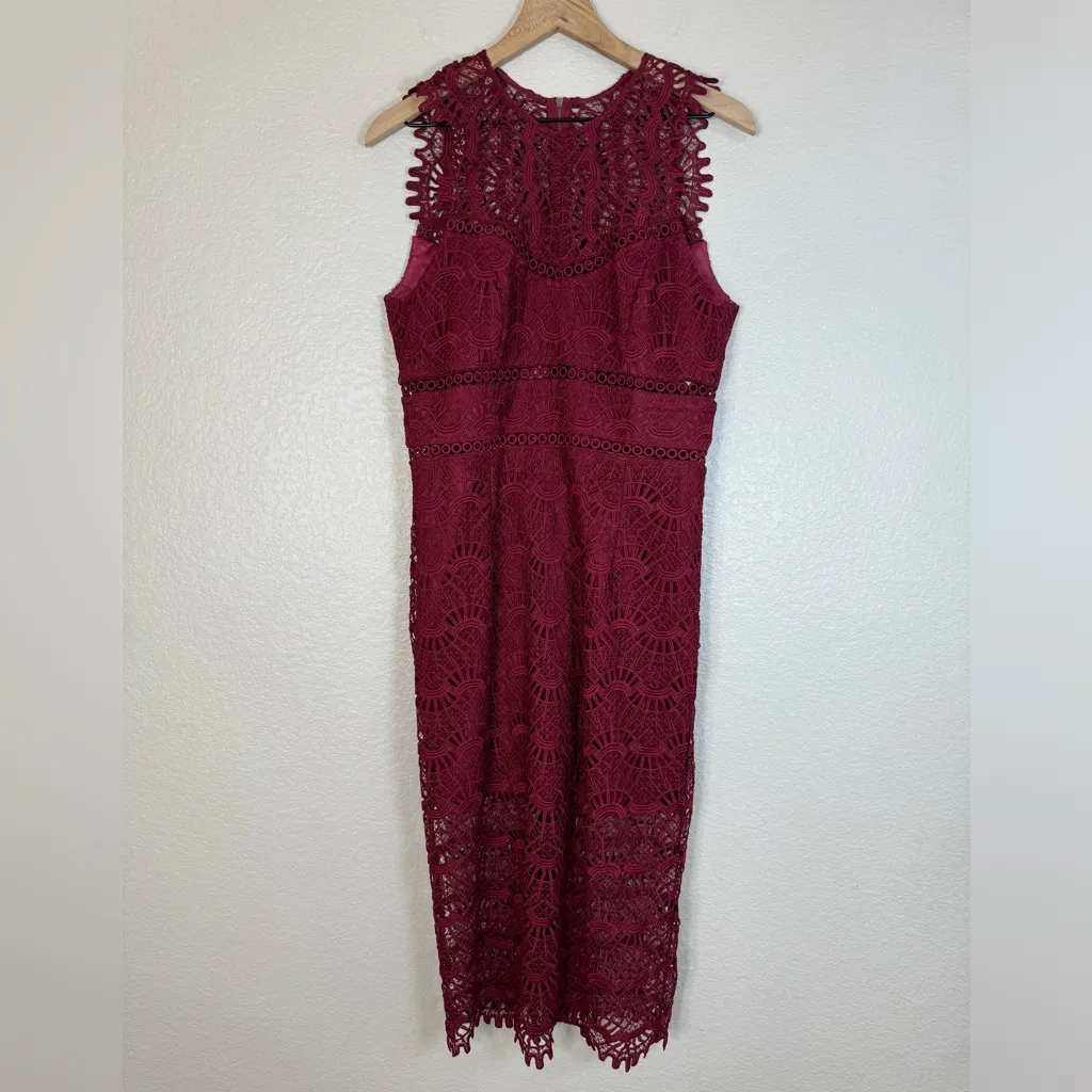 Bardot Mariano Lace Sheath Dress in Burgundy Wine Mulberry size US 10 Large - Image 5