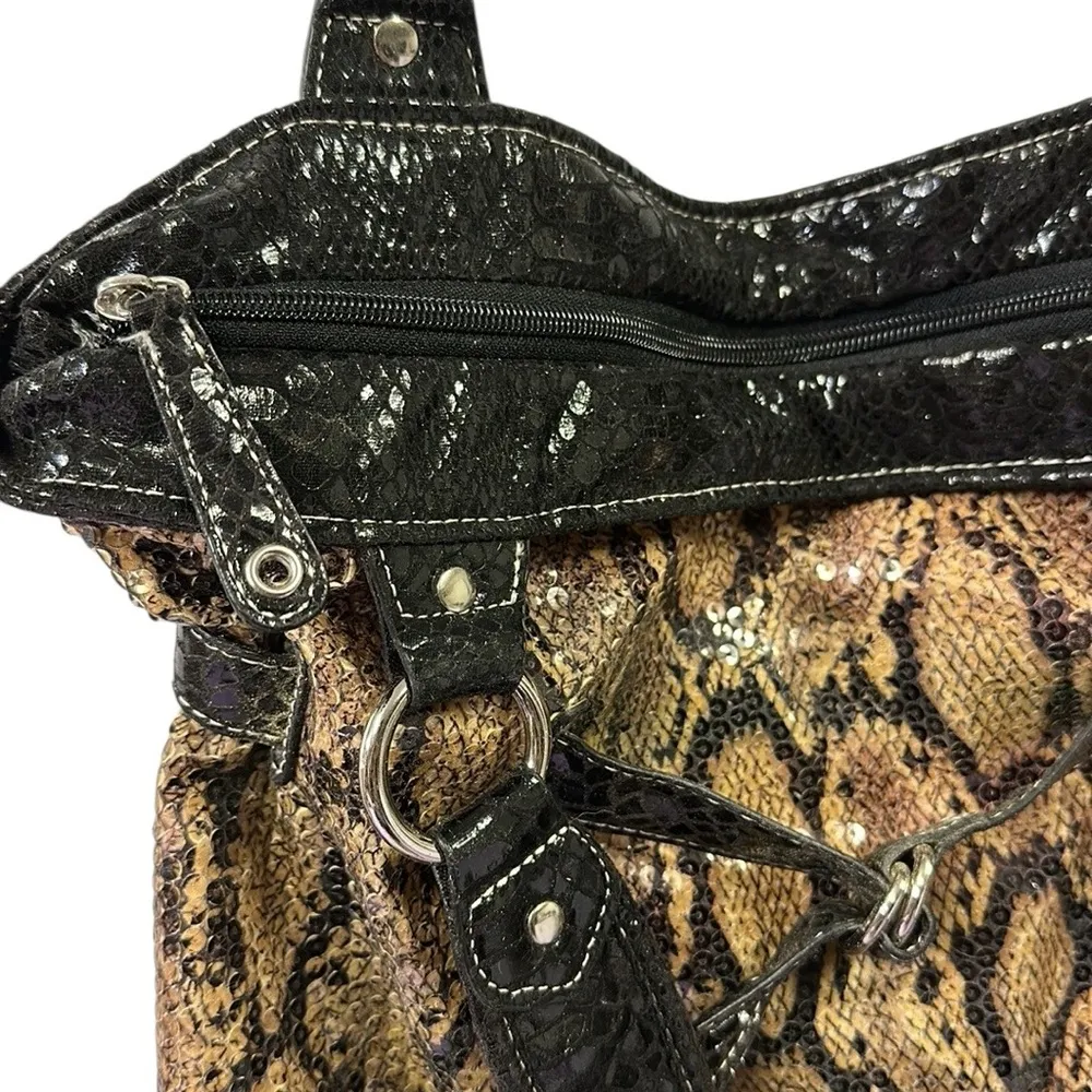 Animal Print Snakeskin Sequined Tote Should Bag Purse 15 x 14 x 6.5 inches Tan - Image 7