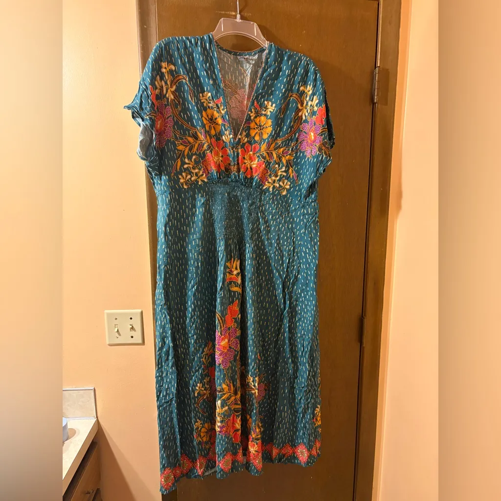 Blank London Anthropologie Tatiana Dark Teal Floral Kaftan Midi Dress - Image 4